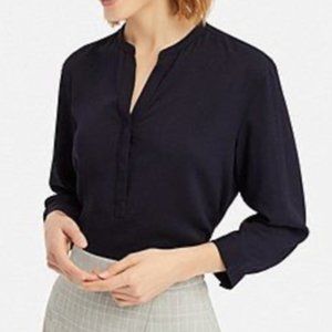 Uniqlo Women Rayon 3/4 Sleeve Lightweight V-neck Blouse Top Navy